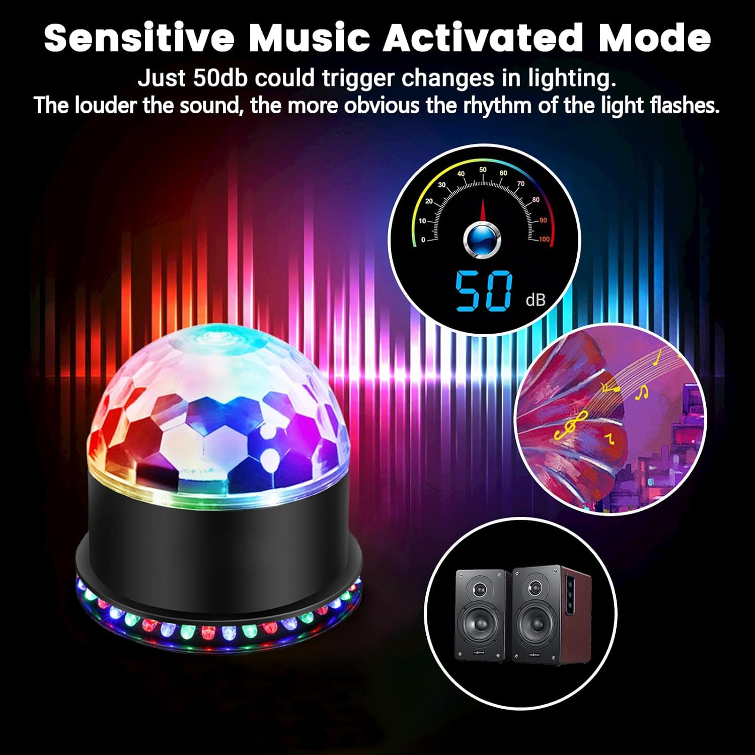 Eine Discokugel, ein Schallpegelmesser mit 50dB, Lautsprecher und Musiknoten.
