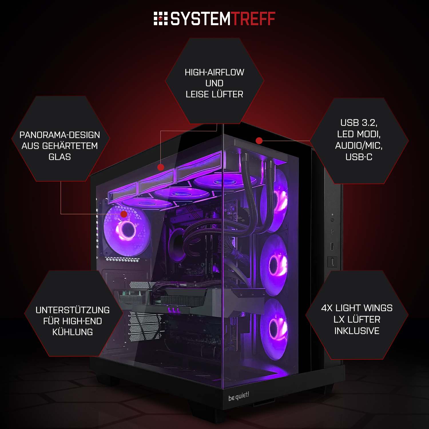 Ein schwarzes PC-Gehäuse mit Glasfront und RGB-Lüftern.