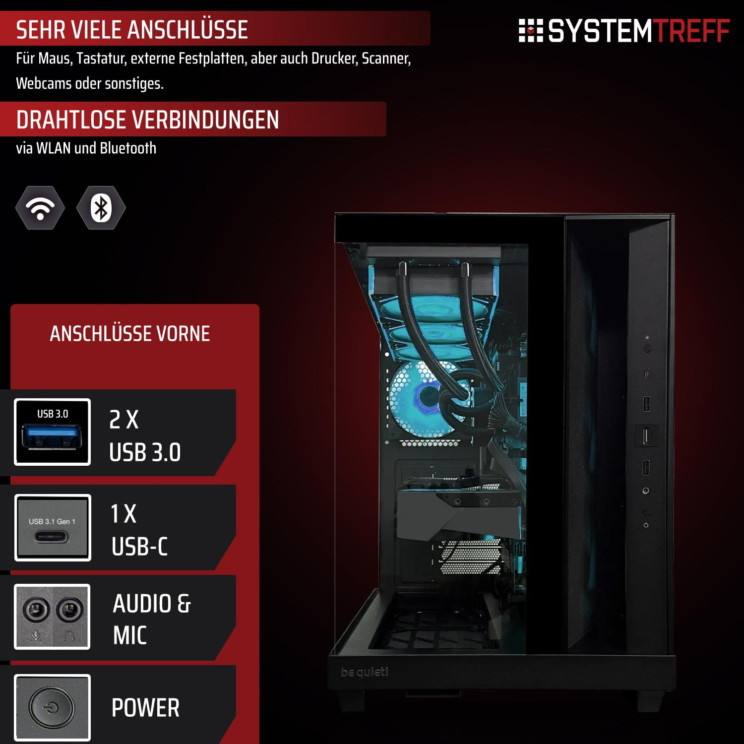 Ein PC-Gehäuse mit Anschlüssen: 2x USB 3.0, 1x USB-C, Audio/Mic, Power.