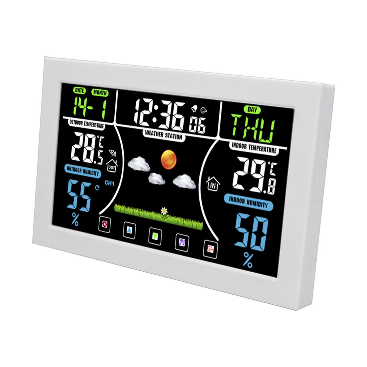 Digitales Wetterdisplay zeigt Datum, Uhrzeit, Temperatur und Luftfeuchtigkeit an.
