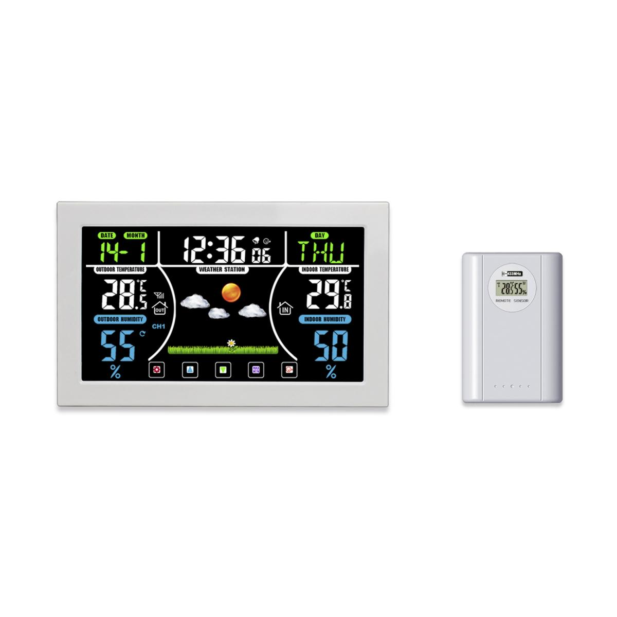 Ein Wetterstation-Display zeigt Datum, Uhrzeit, Außen-/Innertemperatur und Luftfeuchtigkeit.