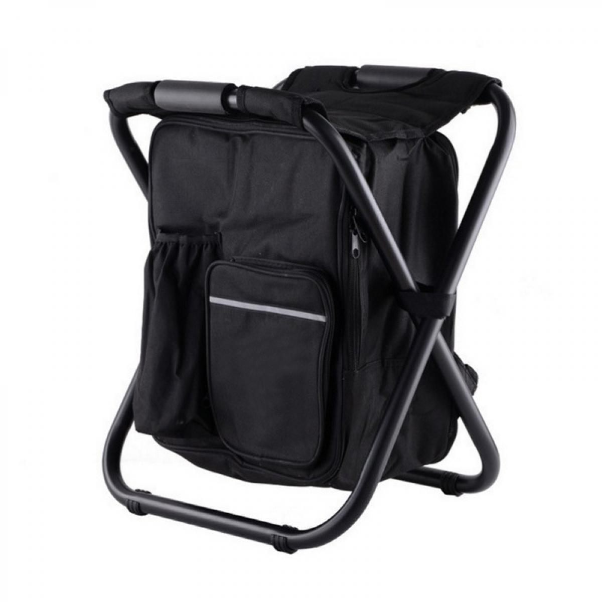 Ein schwarzer Rucksack mit integriertem Klappstuhl und Reflektorstreifen.