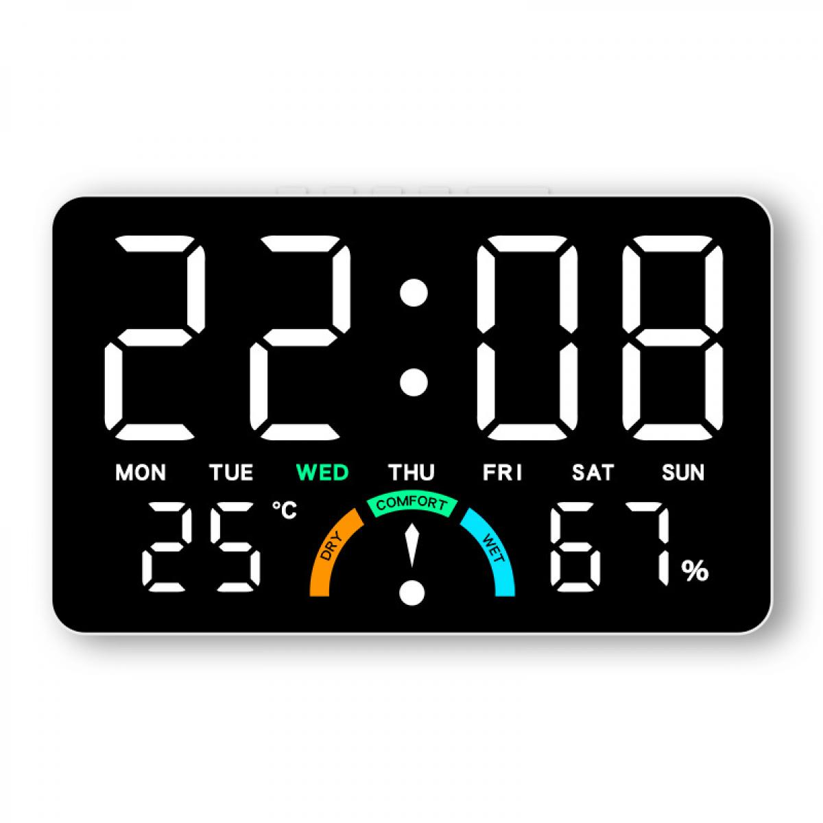 Digitaluhr zeigt 22:08, 25°C, 67% Luftfeuchtigkeit, Komfortbereich.