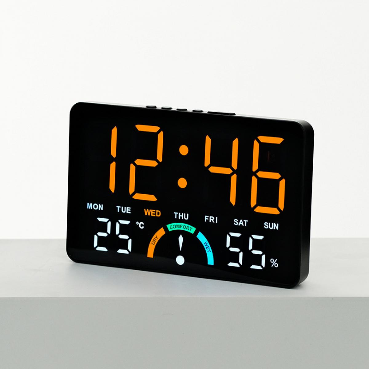 Digitaluhr zeigt 12:46 Uhr, 25°C, 55% Luftfeuchtigkeit und Tage an.