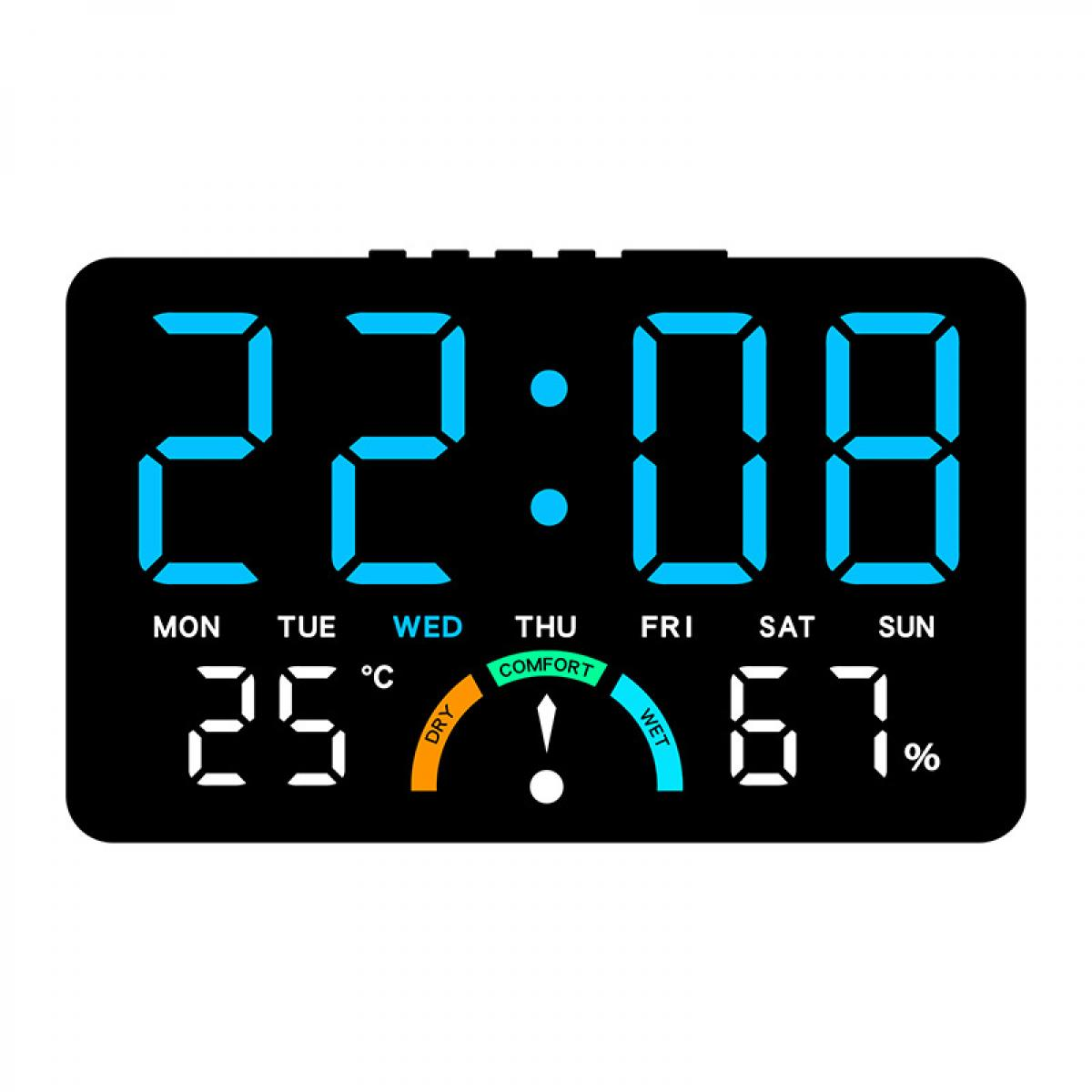 Eine schwarze Digitaluhr zeigt 22:08 Uhr, Mittwoch, 25 °C und 67 % Luftfeuchtigkeit mit Komfortanzeige an.