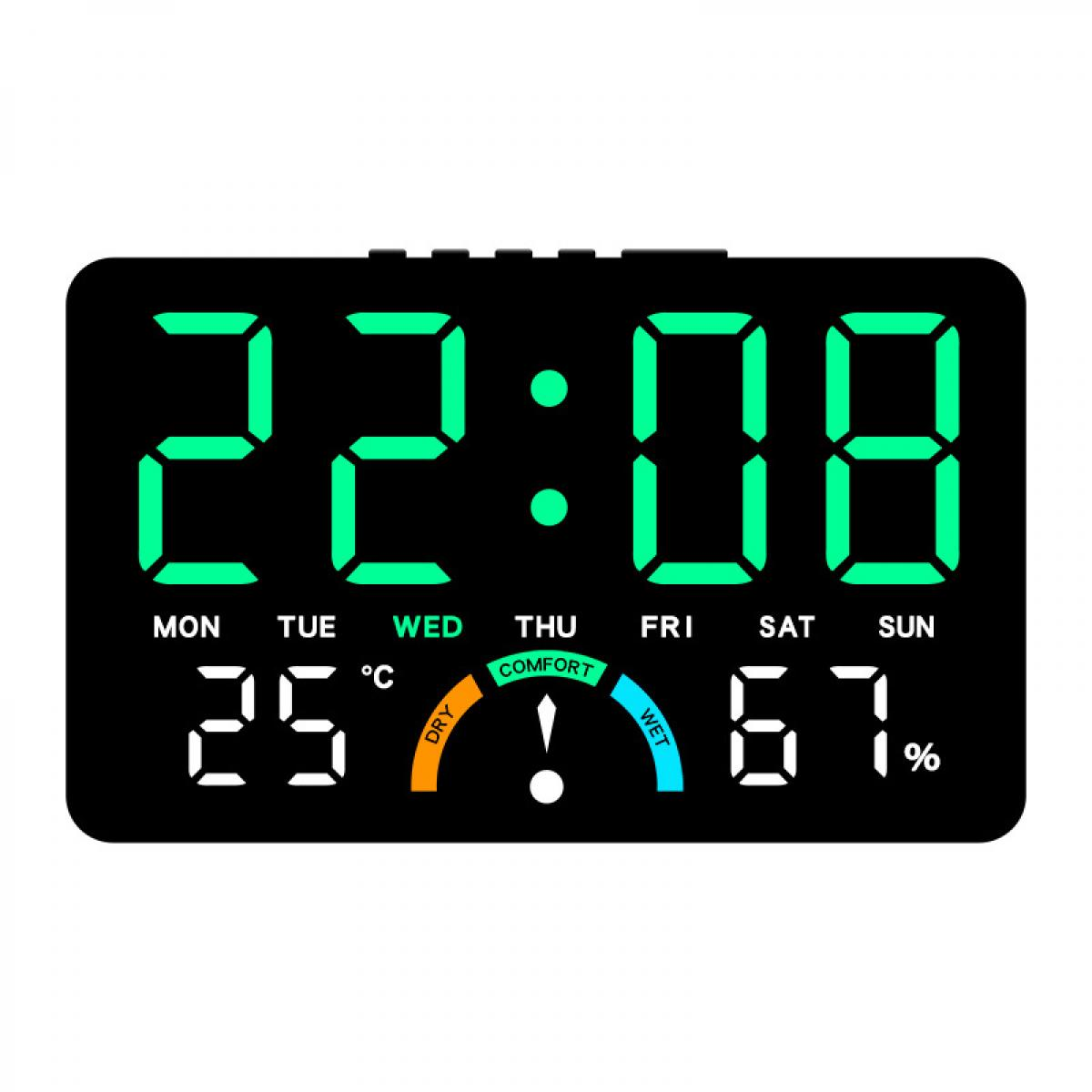 Digitaluhr zeigt 22:08 Uhr, 25°C, Komfortzone und 67% Luftfeuchtigkeit.