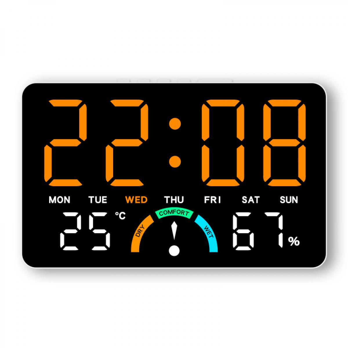 Digitaluhr zeigt 22:08, 25°C, Komfortzone und 67% Luftfeuchtigkeit.