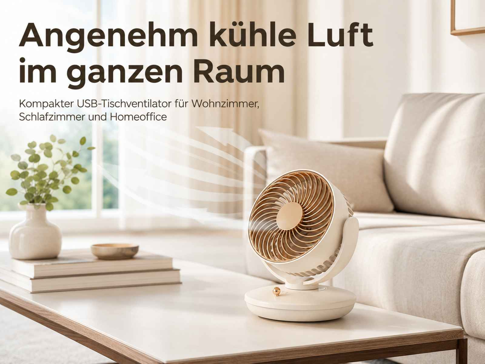 Ein cremefarbener USB-Schreibtischventilator mit goldenem Gitter steht auf einem Tisch neben einem Sofa.