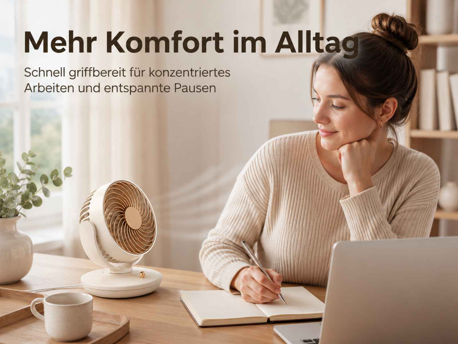 Frau schreibt Notizen, ein Ventilator und ein Laptop stehen auf dem Schreibtisch.