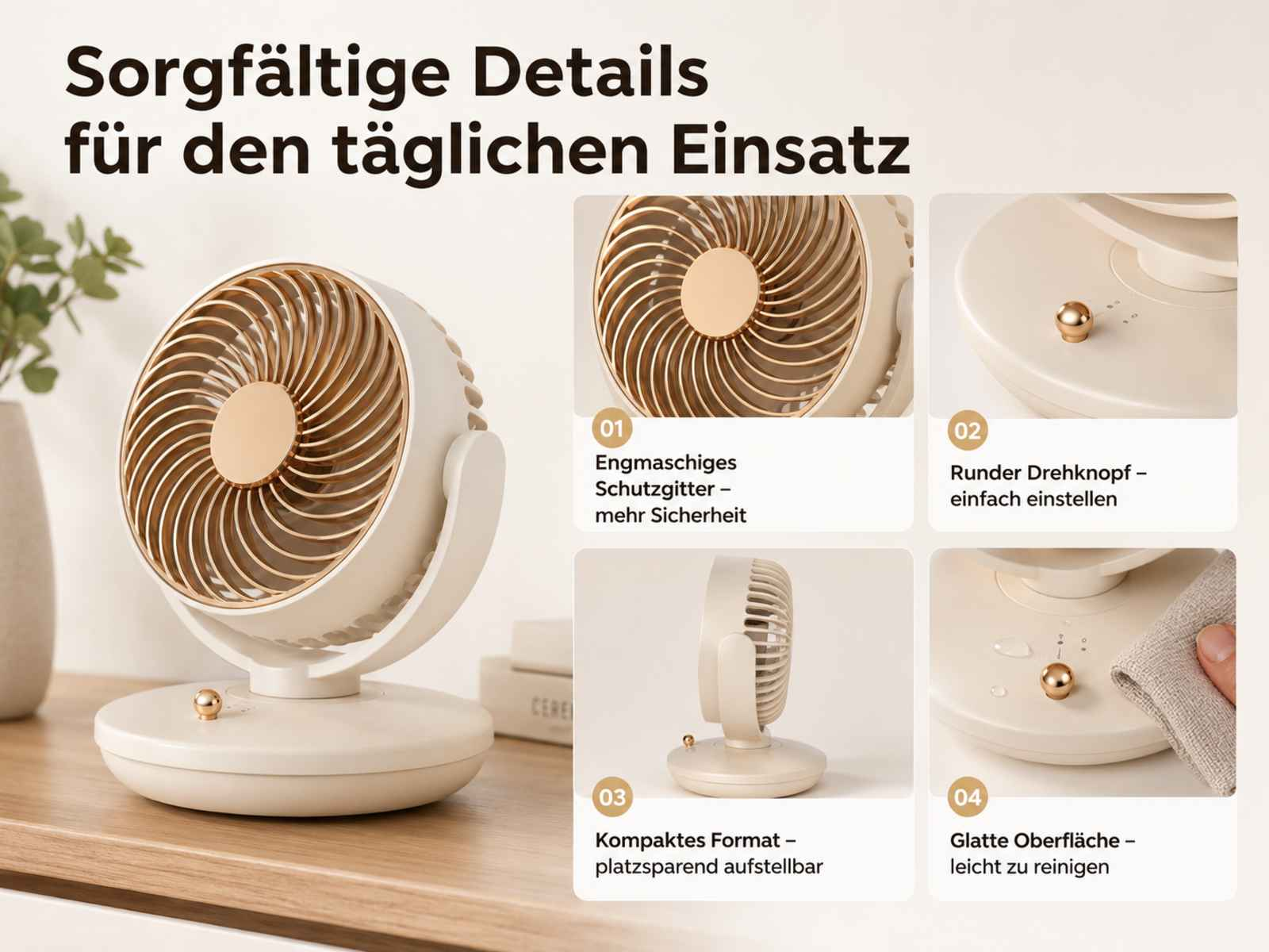 Ein kleiner, beiger Ventilator mit goldenen Details auf einem Tisch.