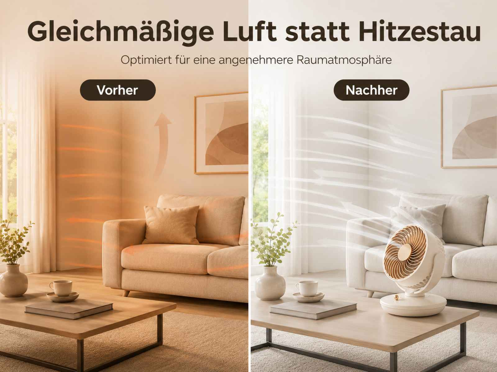 Vorher: Warme Luft in einem Wohnzimmer. Nachher: Ein Ventilator kühlt den Raum.