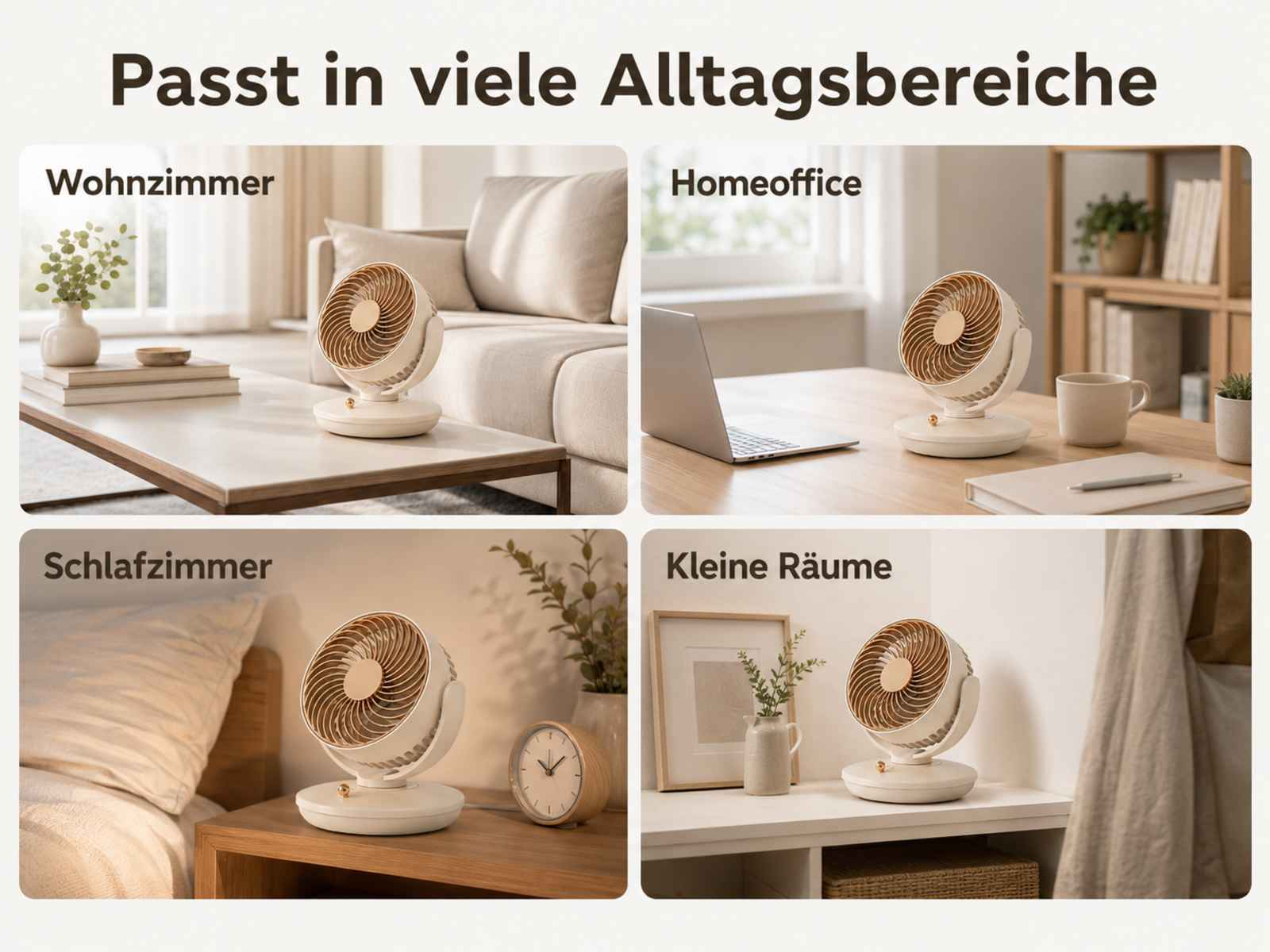 Ein weißer Ventilator steht in Wohn-, Arbeits-, Schlafzimmern und kleinen Räumen.