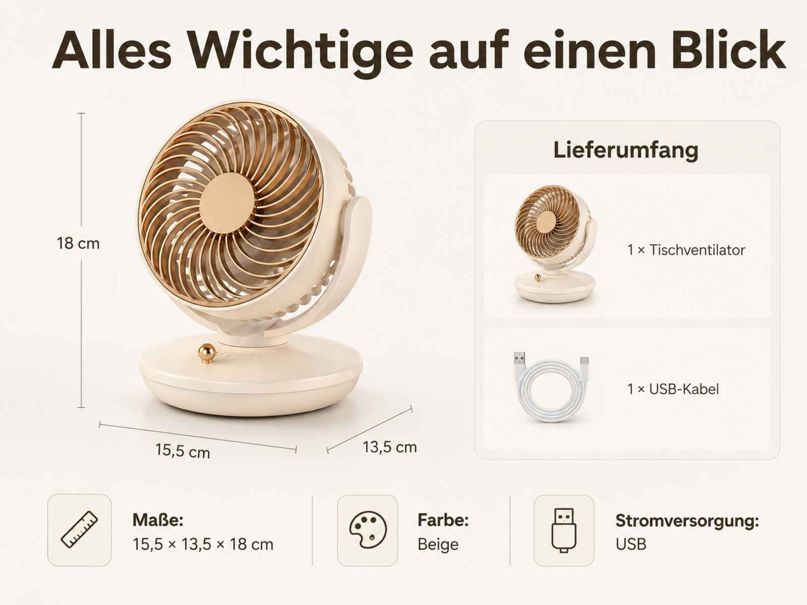 Ein beiger USB-Tischventilator mit goldenen Akzenten, Maße 15,5x13,5x18cm.