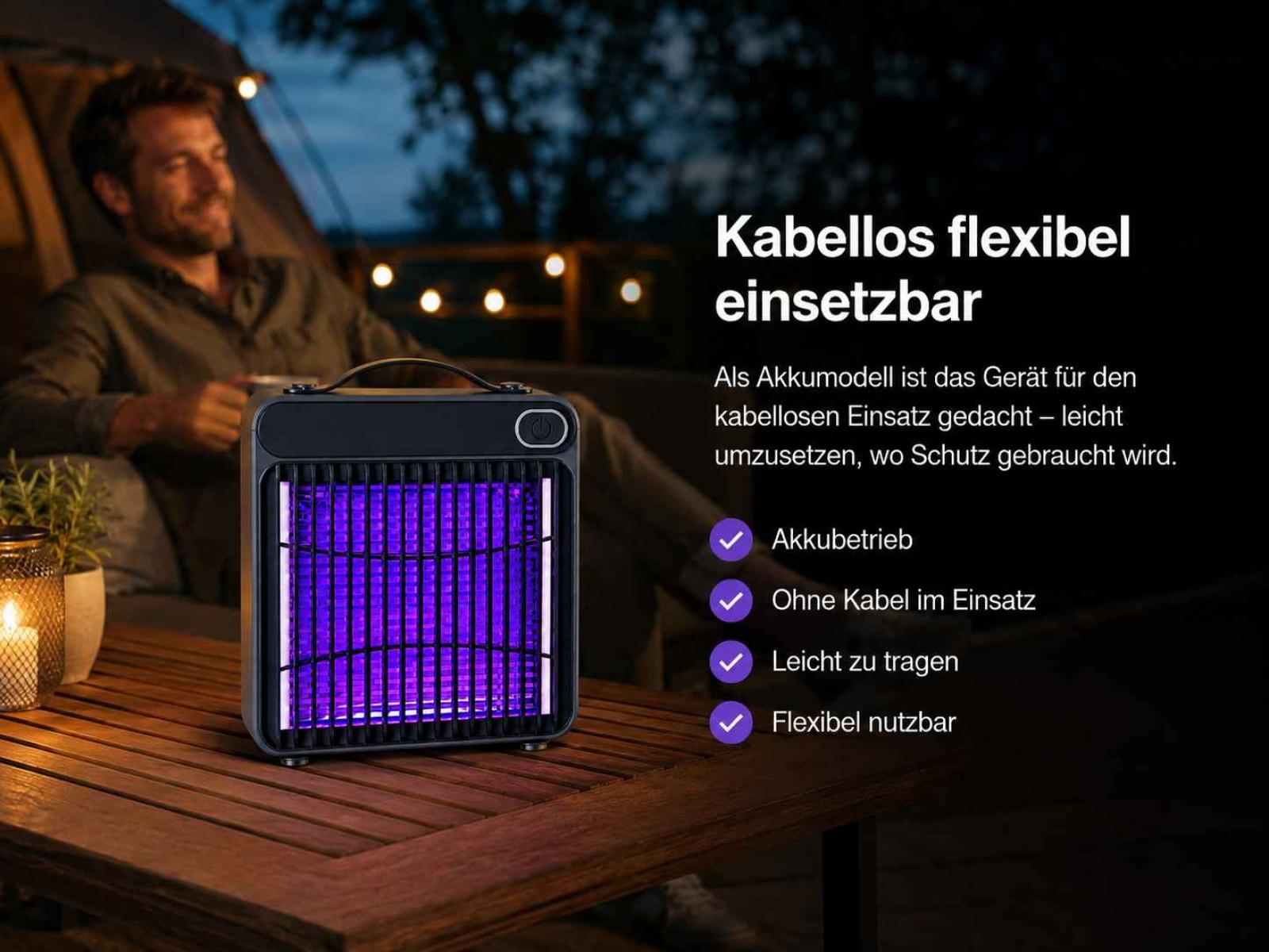 Ein Mann sitzt im Freien, lächelnd, neben einem tragbaren Insektenvernichter mit lila Licht.