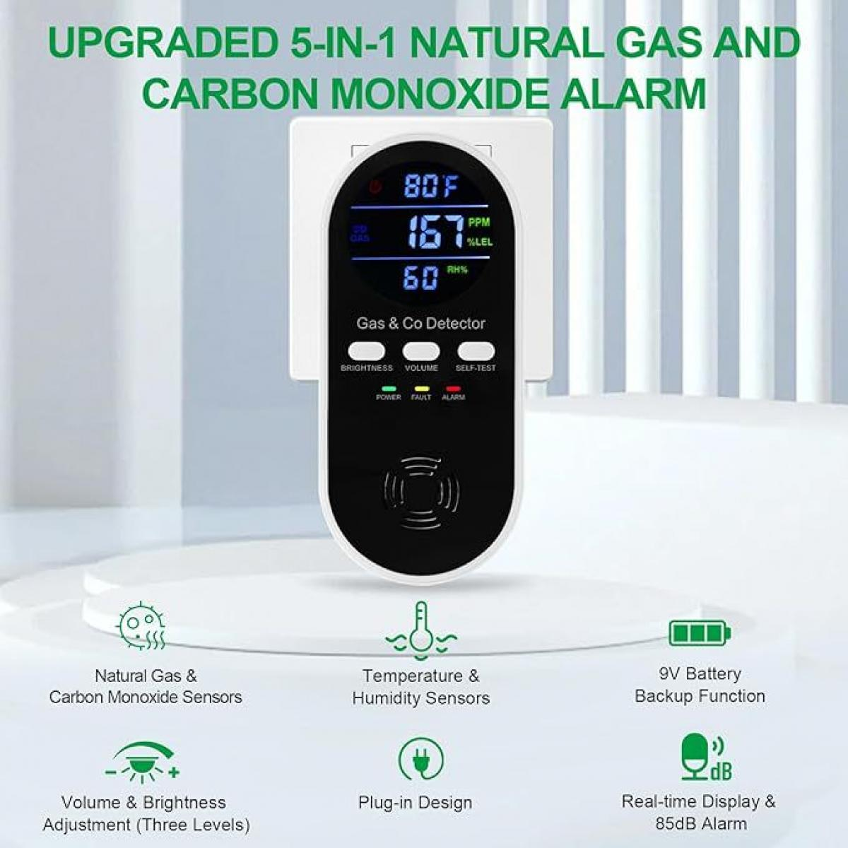 Ein Gas- und CO-Detektor mit digitaler Anzeige zeigt Temperatur, Gasgehalt und Luftfeuchtigkeit an.