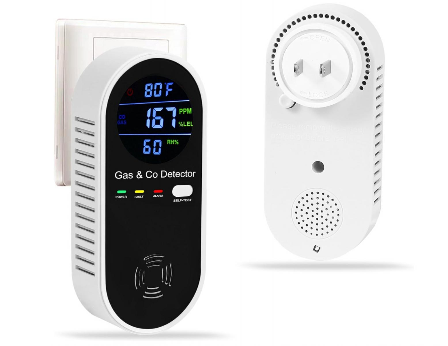 Ein weißer Gas- und CO-Melder zeigt 80F, 167 PPM, 60% LEL und 60% RH an.