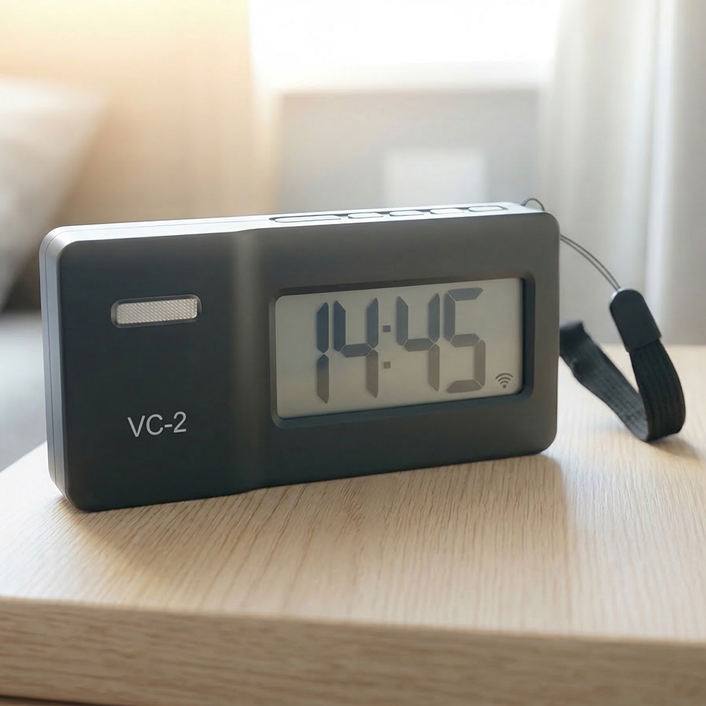 Eine dunkelgraue Digitaluhr mit der Aufschrift VC-2 zeigt 14:45.