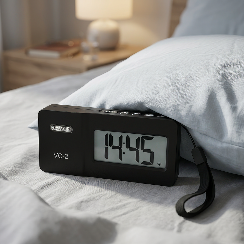 Ein schwarzer Digitalwecker auf einem Bett mit einem blauen Kissen.