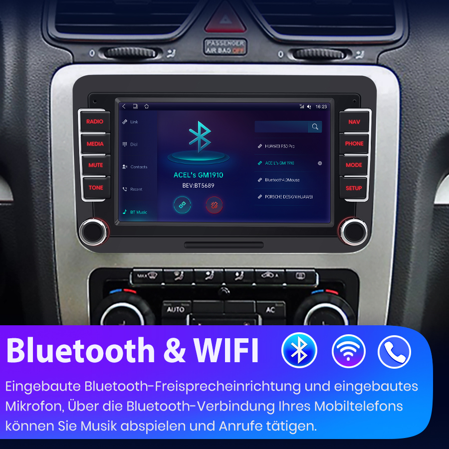 Ein Autoradio mit Touchscreen zeigt Bluetooth-Geräte an. Links und rechts sind Tasten.
