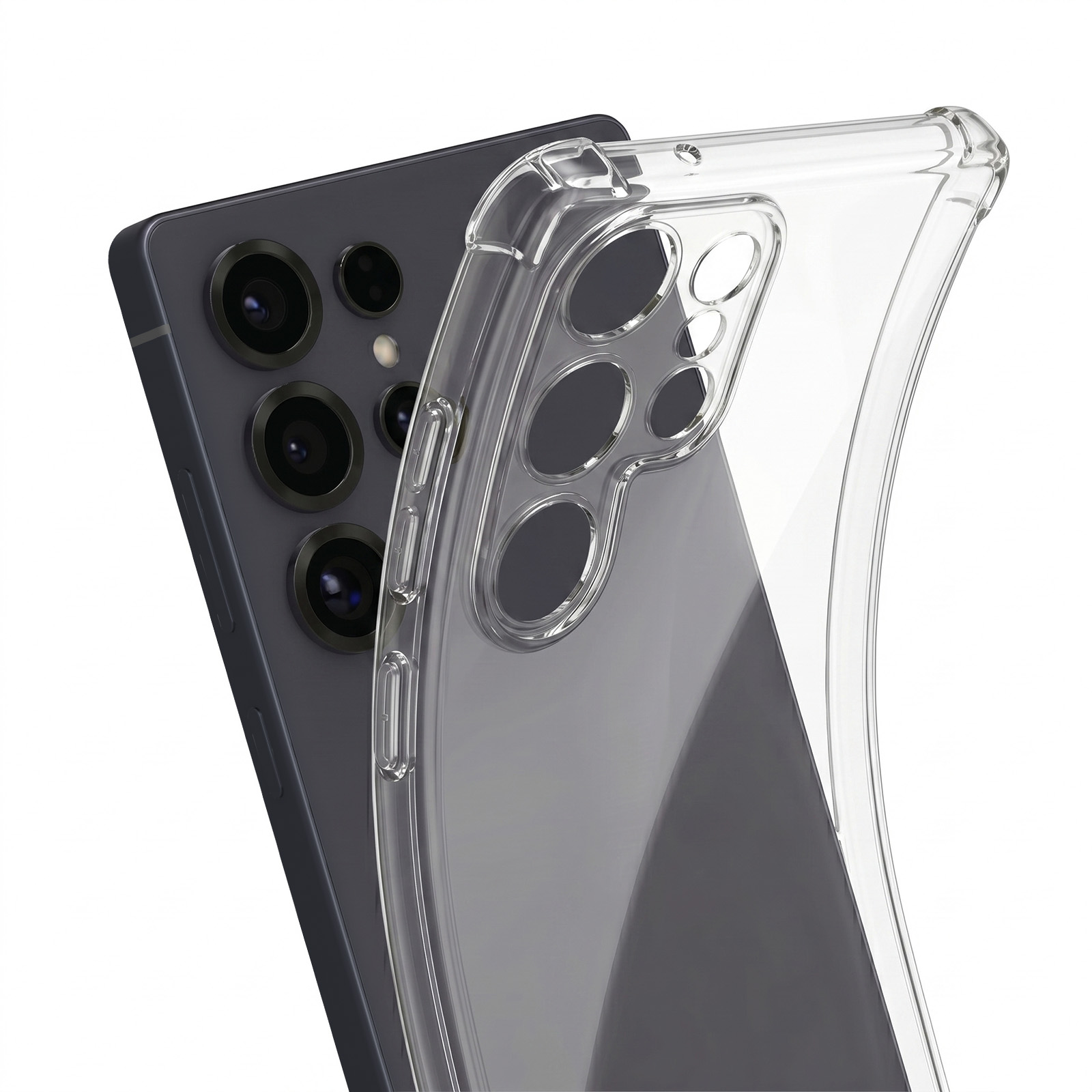 Ein durchsichtiges Handy-Case liegt auf einem dunklen Smartphone mit mehreren Kameras.