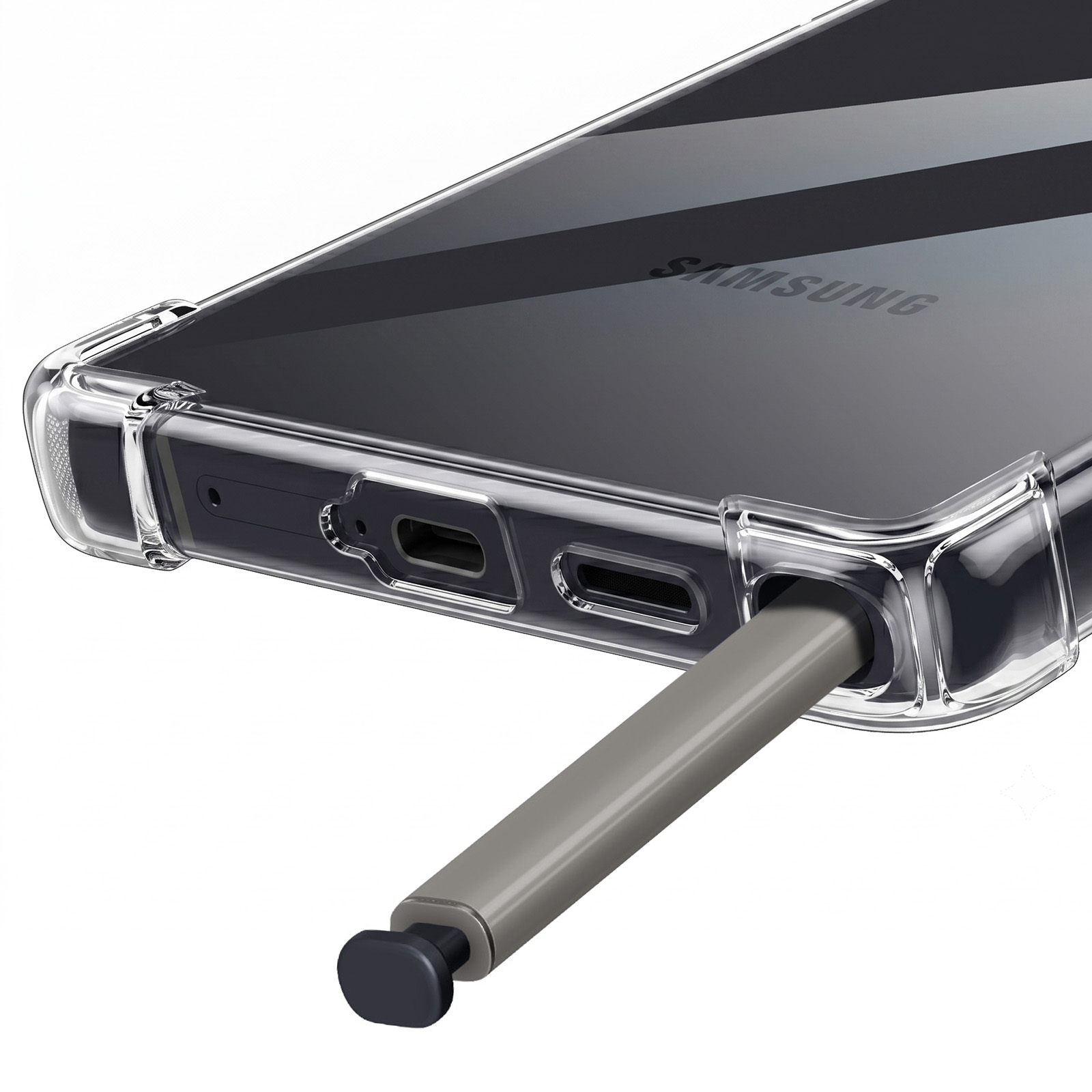 Eine durchsichtige Hülle umgibt ein dunkles Handy, ein grauer Stylus ist eingeführt.