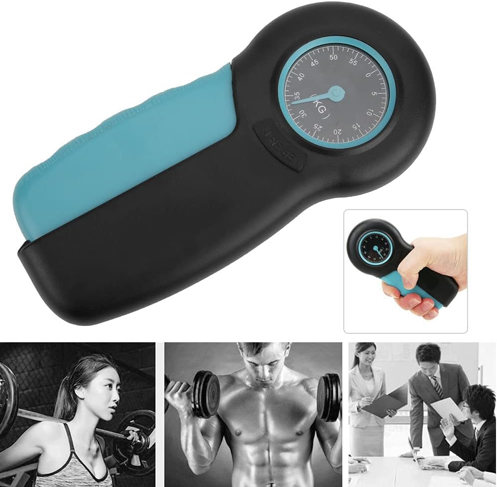 Handdynamometer mit blauem Griff, zeigt 30 kg an. Kleinbild: Trainierende Frauen/Männer, Geschäftstreffen.