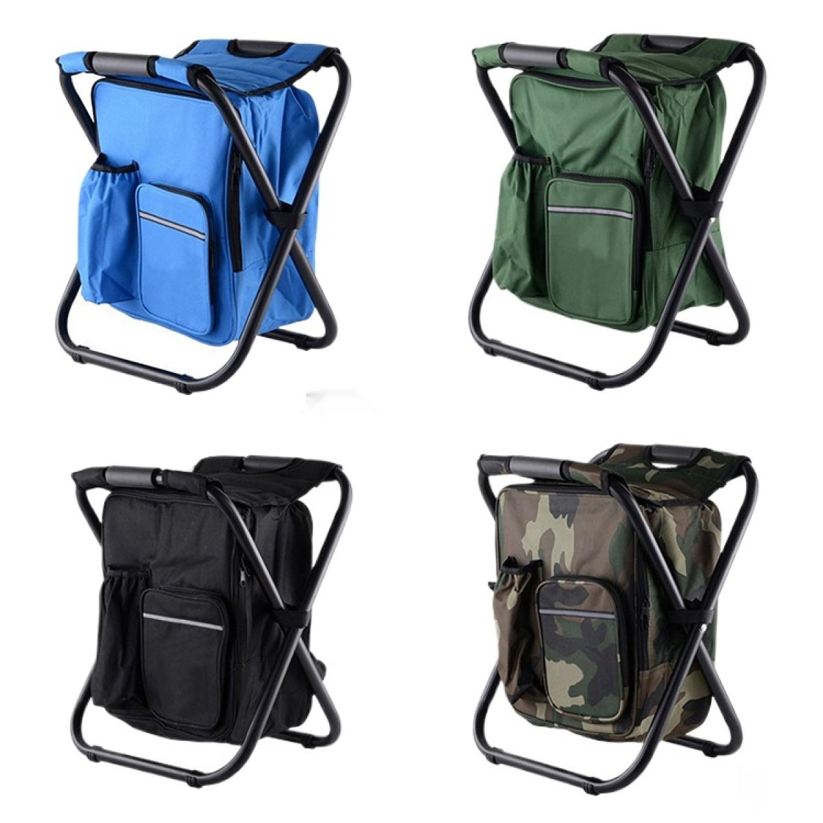 Vier faltbare Rucksitzstühle in Blau, Grün, Schwarz und Camouflage.