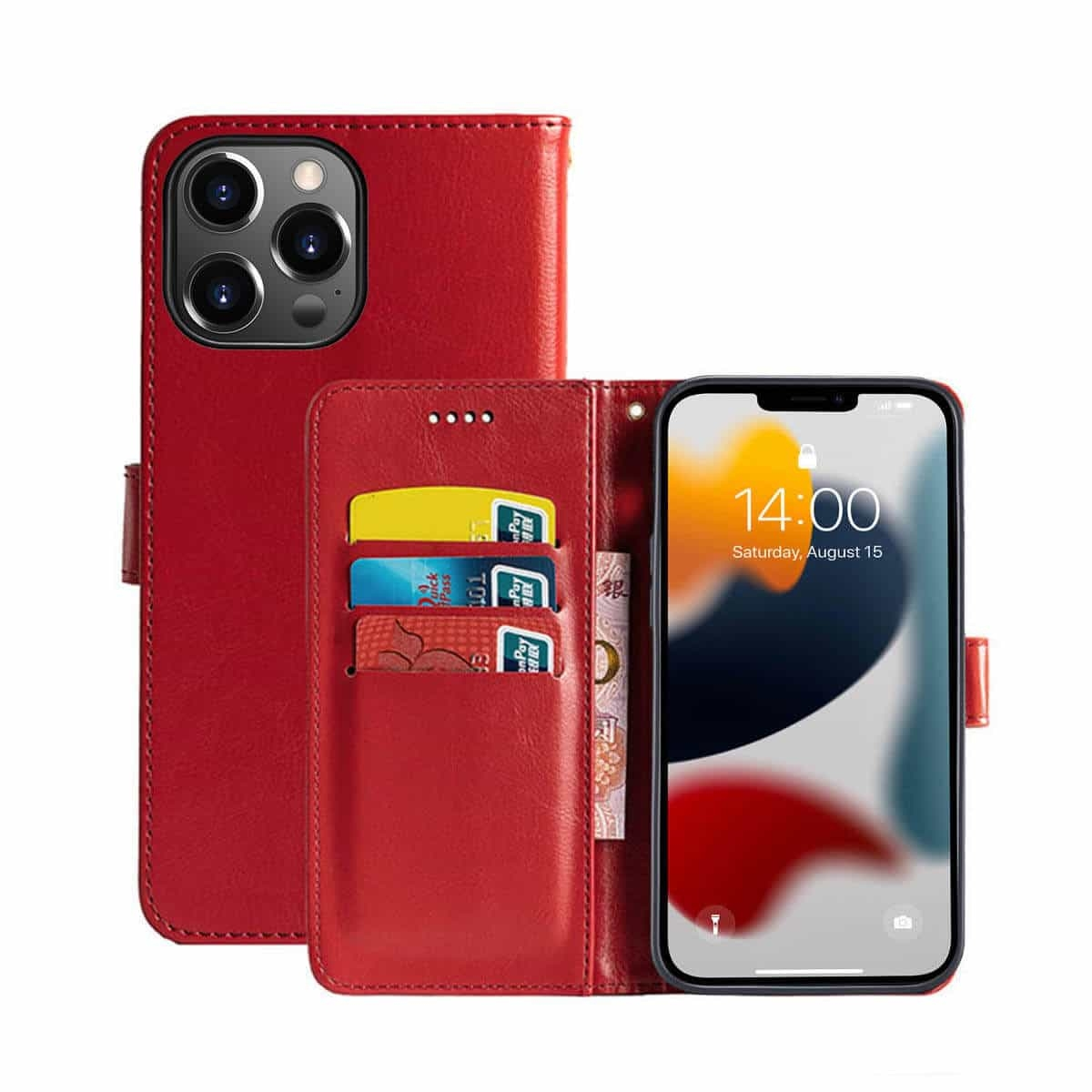 Rote iPhone-Hülle mit Kartenfächern und aufklappbarem Telefon.