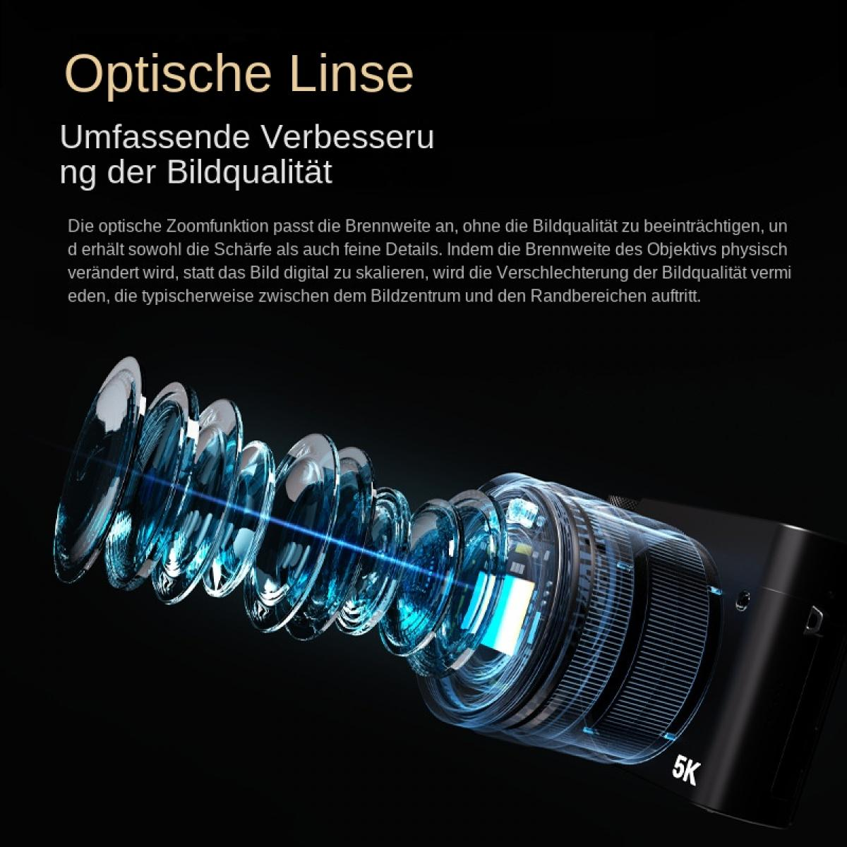 Nahaufnahme eines optischen Kameraobjektivs mit Linsen und dem Text 