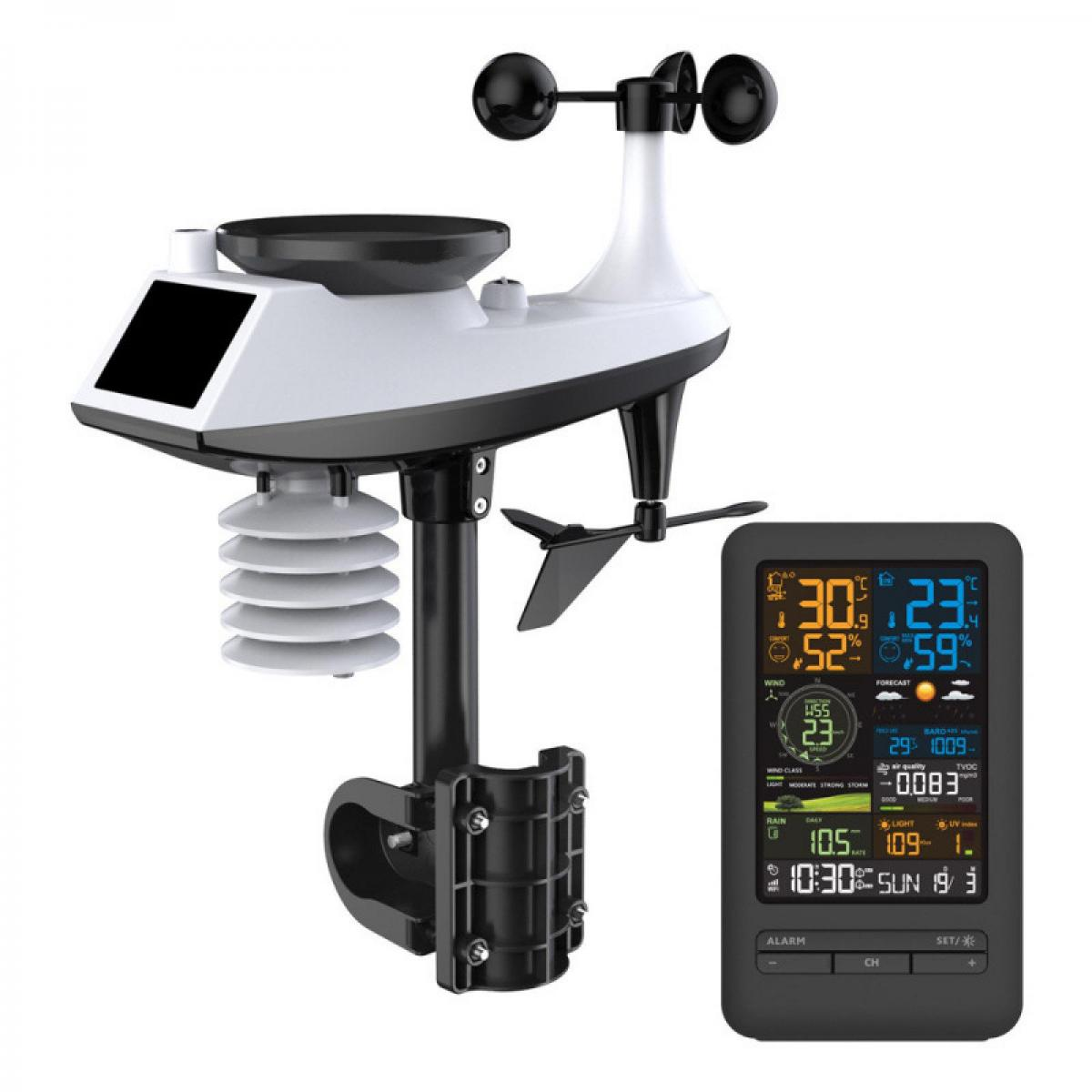 Wetterstation mit Anemometer und digitalem Display, das Temperatur, Luftfeuchtigkeit, Wind und Datum anzeigt.