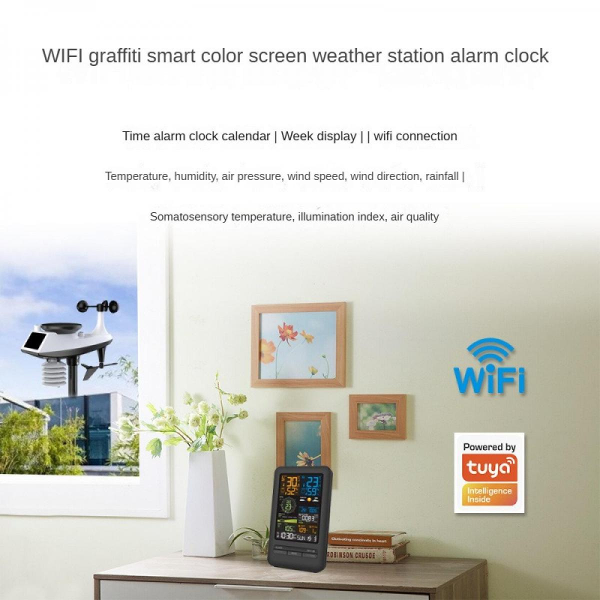 Eine intelligente Wetterstation mit Digitalanzeige steht auf einem Tisch mit gerahmten Bildern.