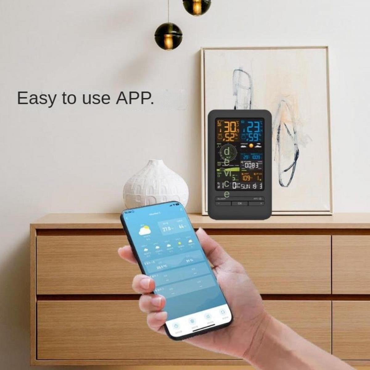 Ein Smartphone zeigt eine Wetter-App, daneben ein Wetterstation-Display.