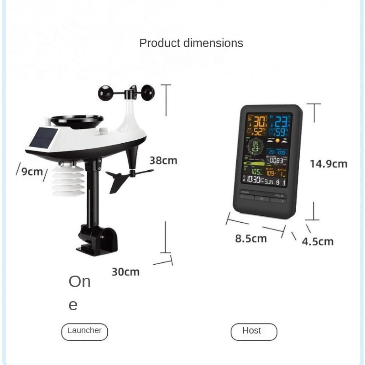 Wetterstation mit Windmesser und digitalem Display. Maße angegeben.