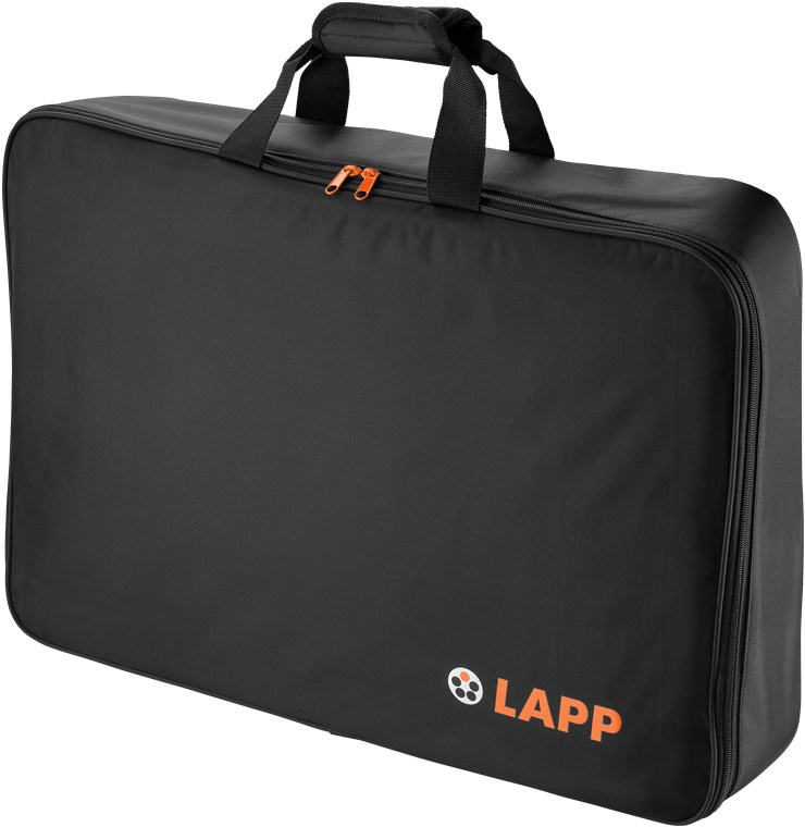 Schwarze LAPP-Tragetasche mit orangen Reißverschlüssen und Griffen.