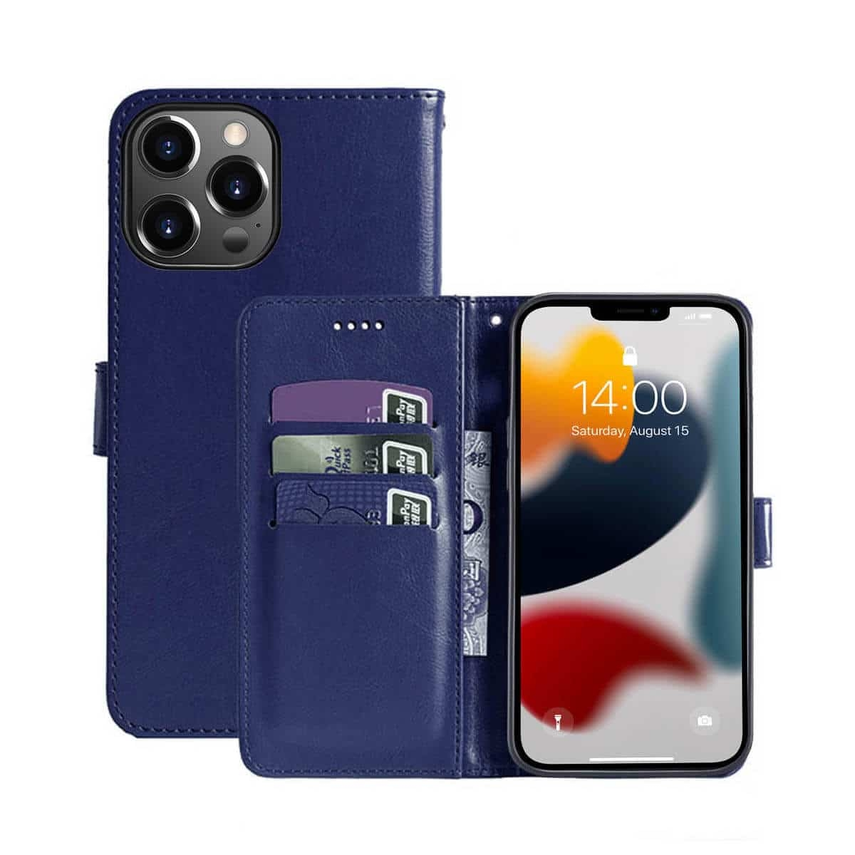 Ein blaues Klapphandyhülle mit Kartenfächern und einem aufklappbaren Telefon mit gesperrtem Bildschirm.
