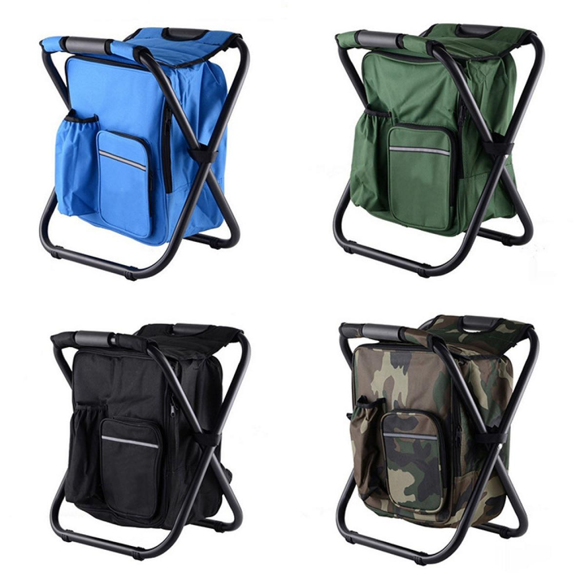 Vier faltbare Kühltaschen-Stühle in Blau, Grün, Schwarz und Tarnfarben.