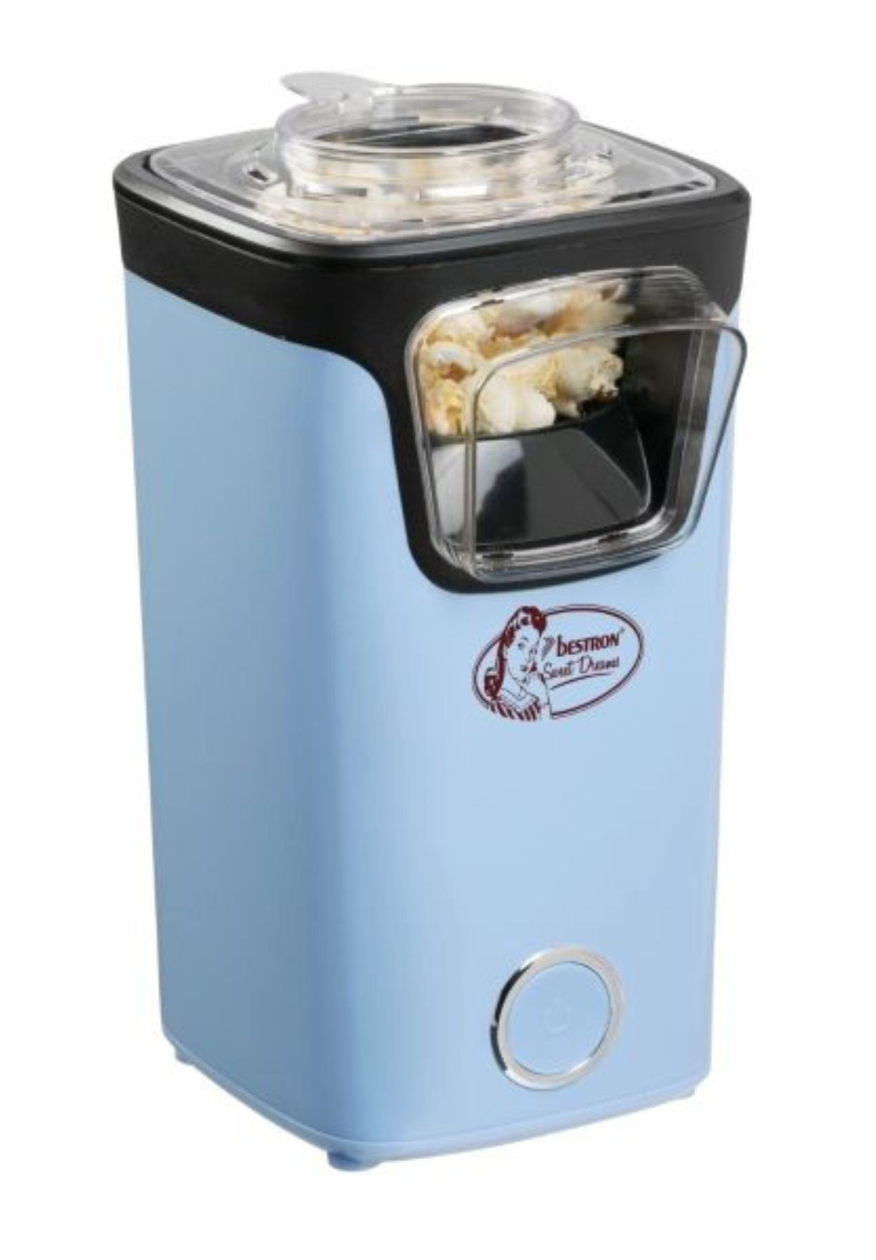 Macchina per popcorn blu con coperchio trasparente e popcorn all'interno.
