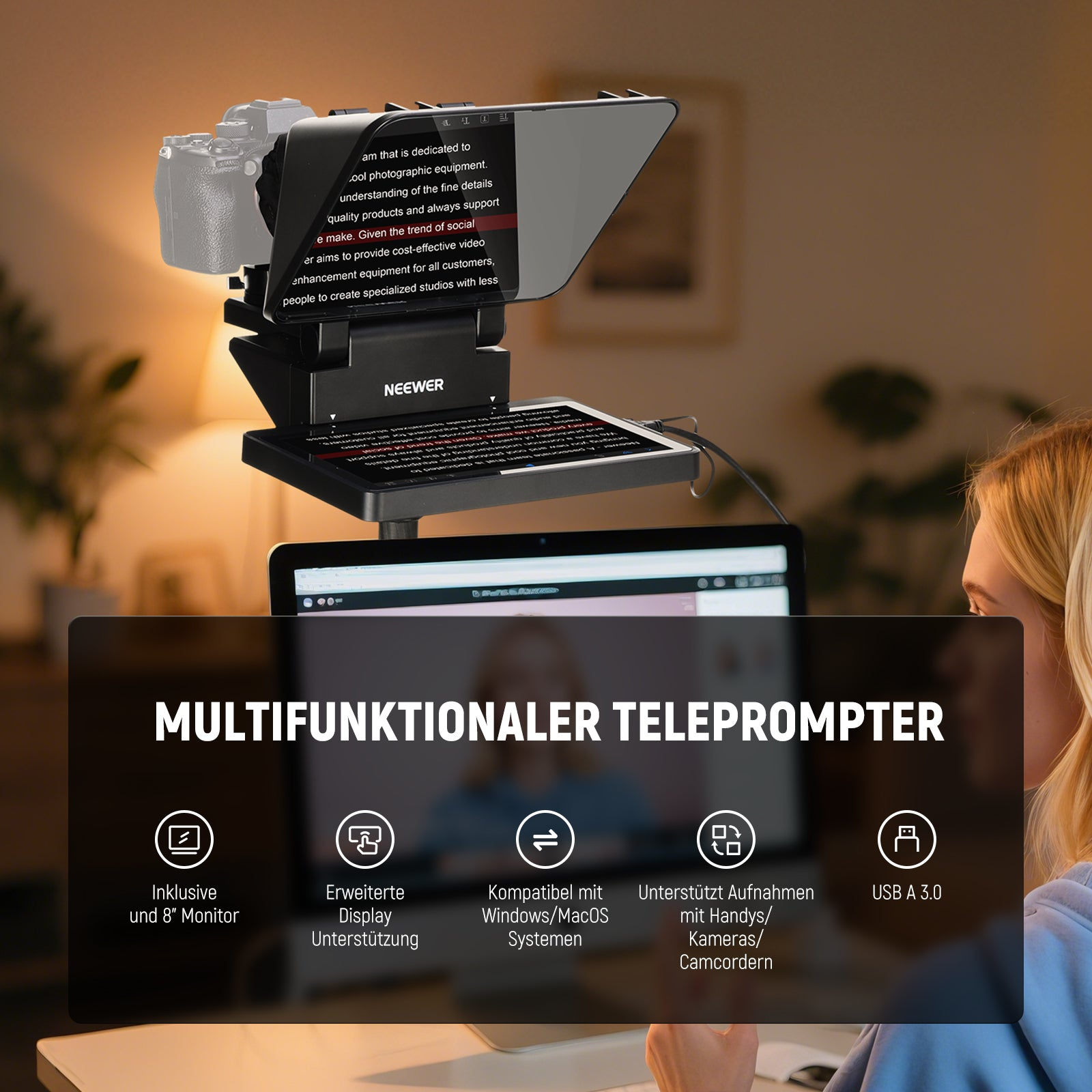 Ein Neewer Teleprompter mit Kamera und Laptop. "Multifunktionaler Teleprompter" wird angezeigt.