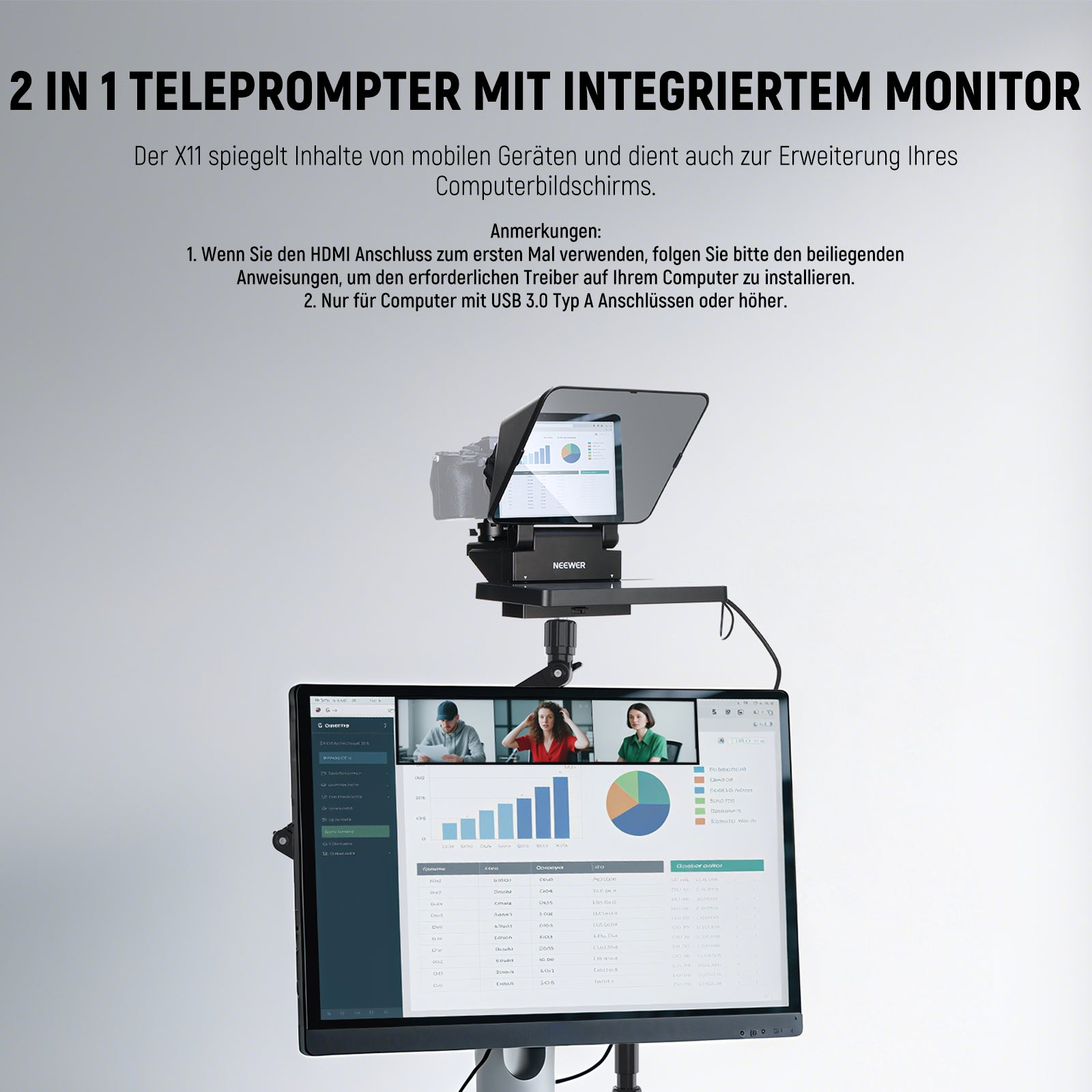 Ein Teleprompter-Gerät mit integriertem Monitor und Kamera-Setup.