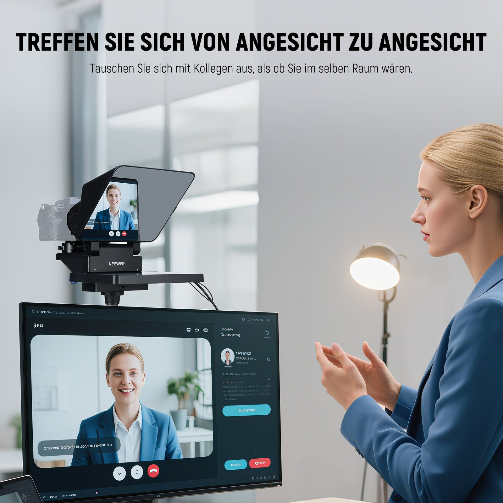 Eine Frau spricht per Video-Chat mit einer Person auf einem Bildschirm.