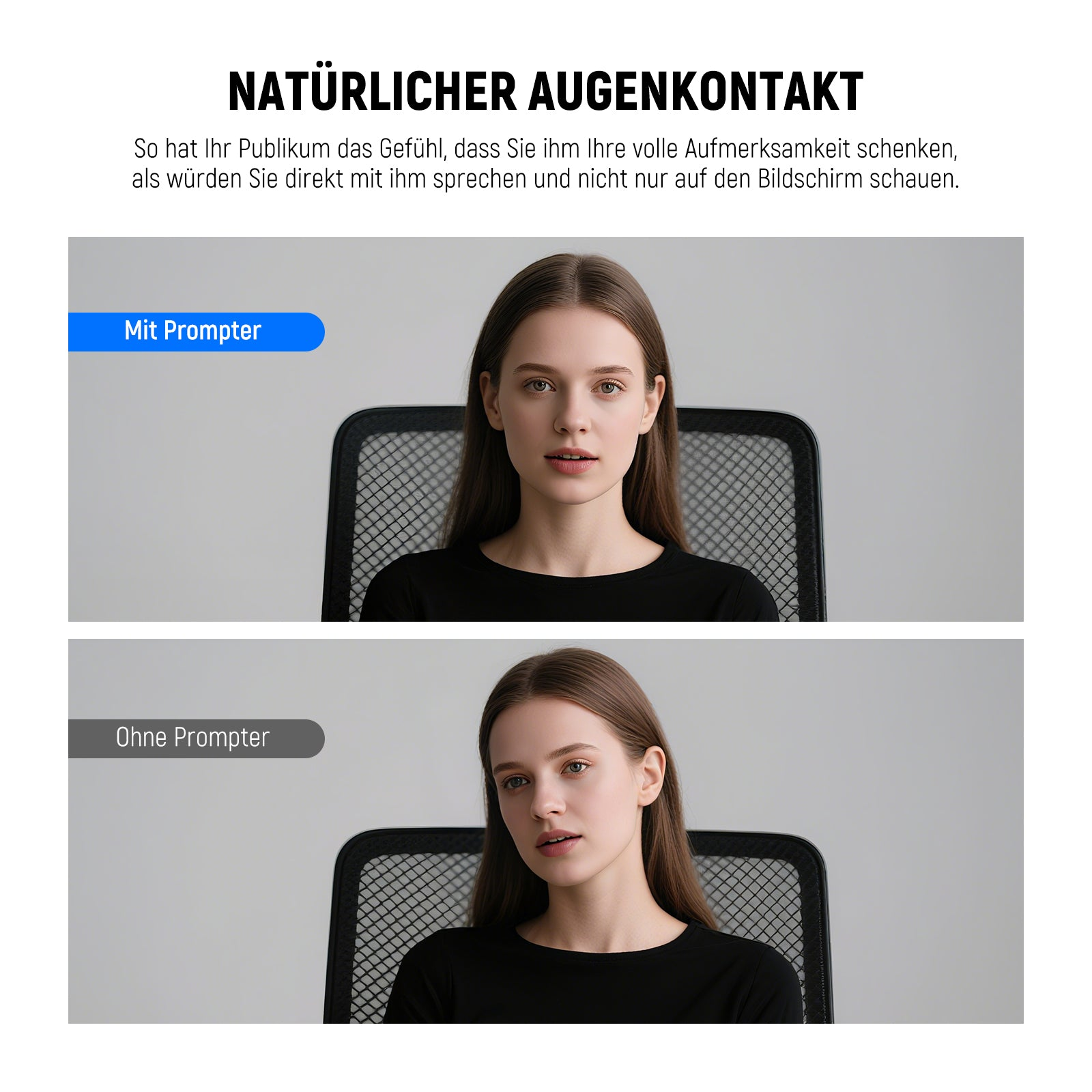 Frau mit und ohne Prompter im Sitzen, Blickkontakt im Vergleich.