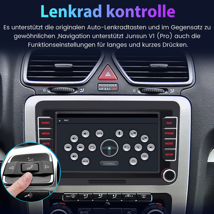 Autoinnenraum mit Touchscreen, der Lenkradsteuerung anzeigt, und ein Finger drückt eine Taste.