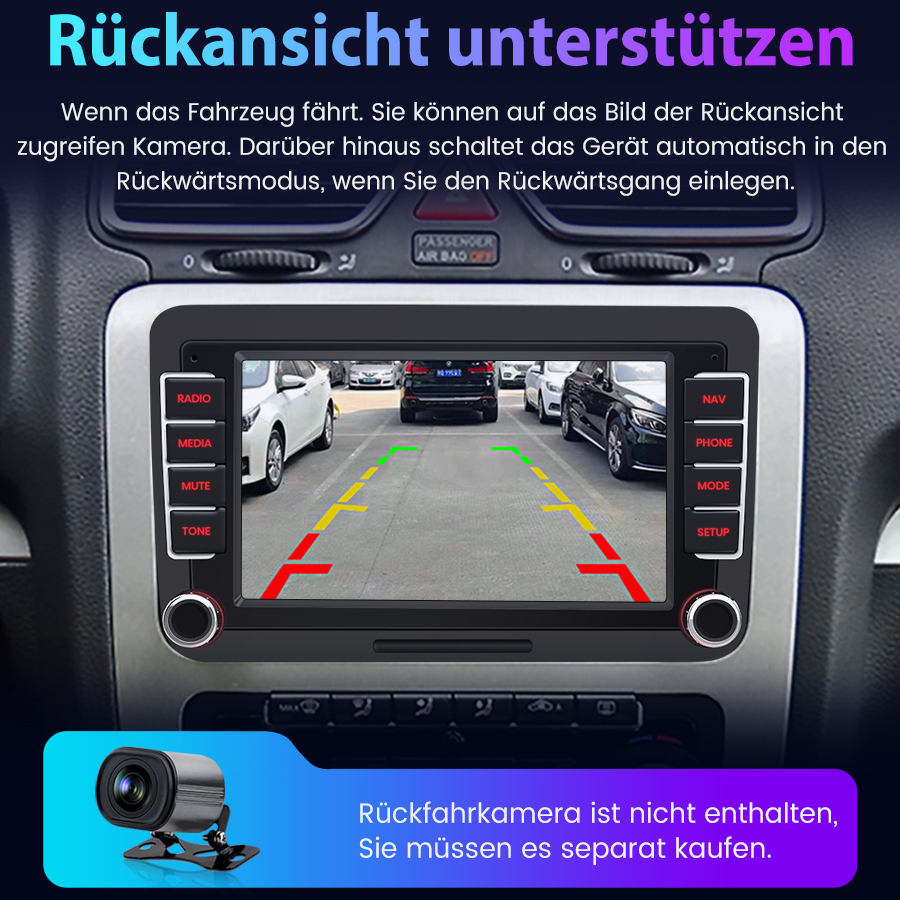 Eine Auto-Rückfahrkamera-Ansicht auf einem Infotainment-Bildschirm.