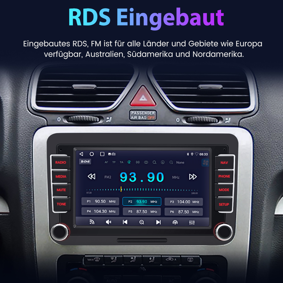Einbau-Autoradio mit Touchscreen zeigt FM-Sender 93.90 MHz an.