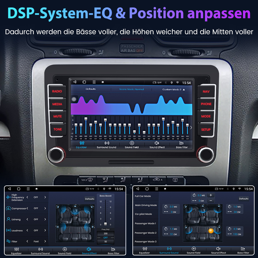 DSP-EQ und Positionseinstellungen in einem Auto-Infotainmentsystem mit visuellen Anzeigen.