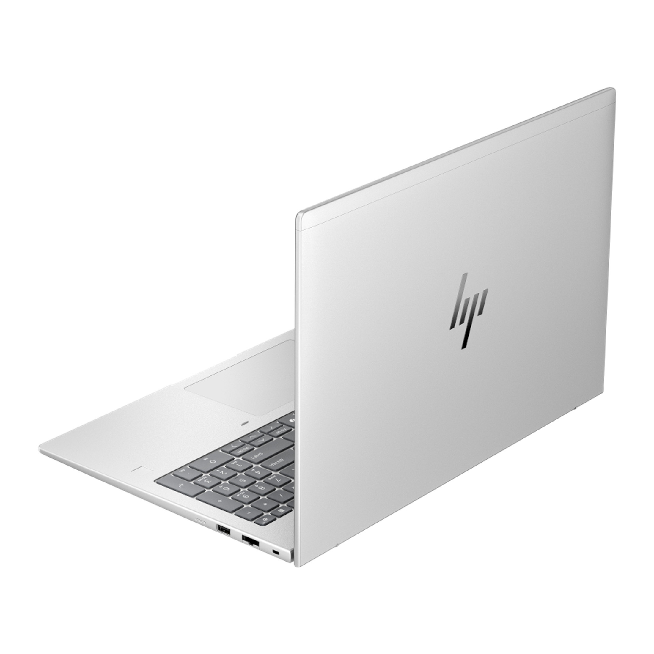 Ein silberner Laptop mit HP-Logo, Ansicht von oben links.