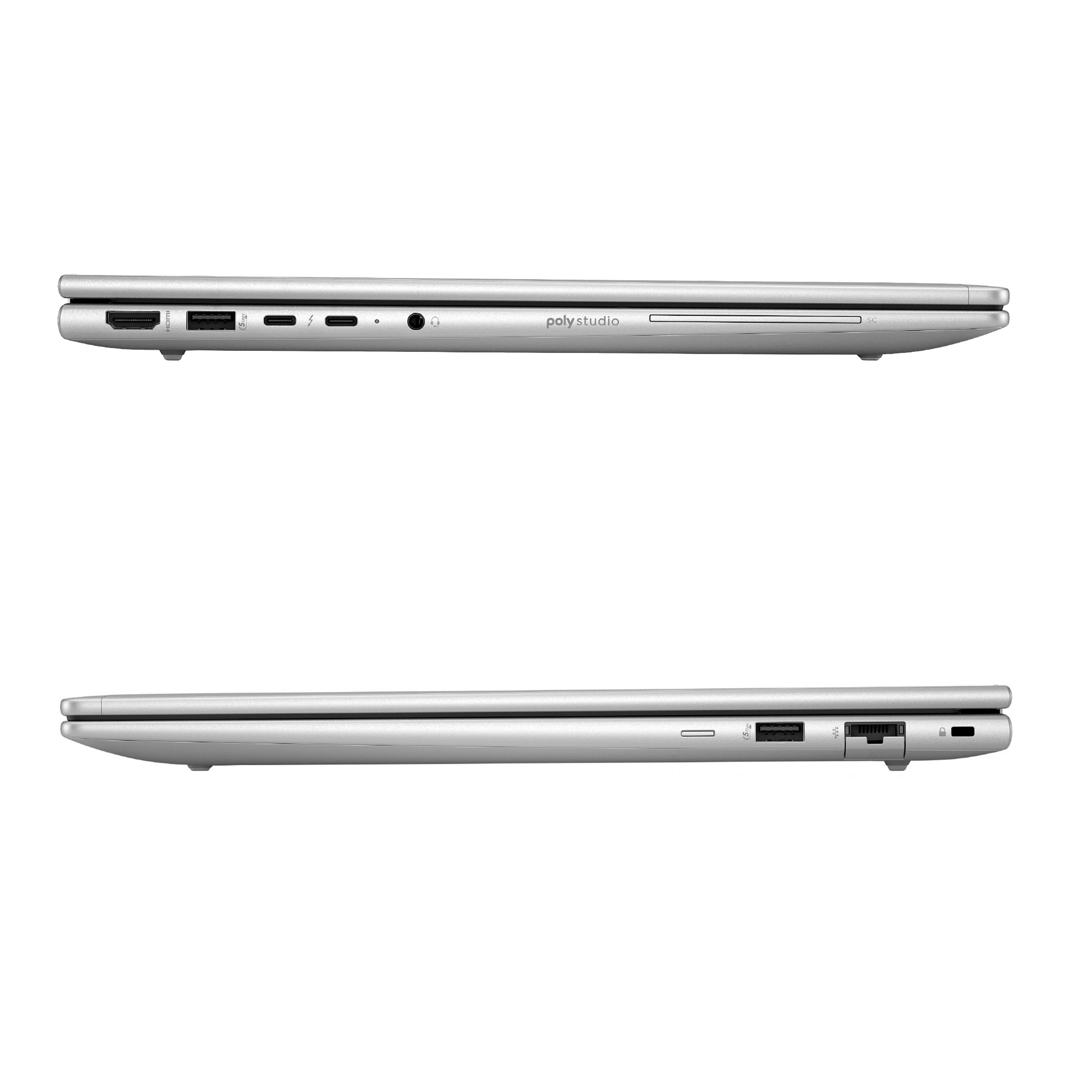 Silberner Laptop: Anschlüsse wie HDMI, USB, Kopfhöreranschluss und 'poly studio'.