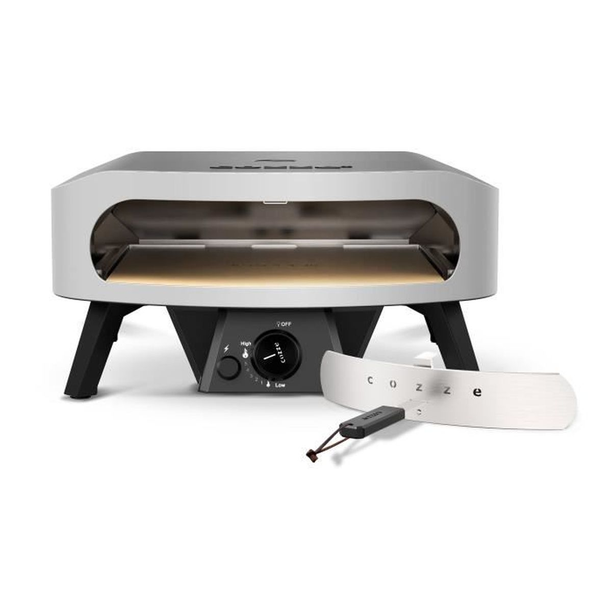 A silver and black pizza oven with a peel on a white background.