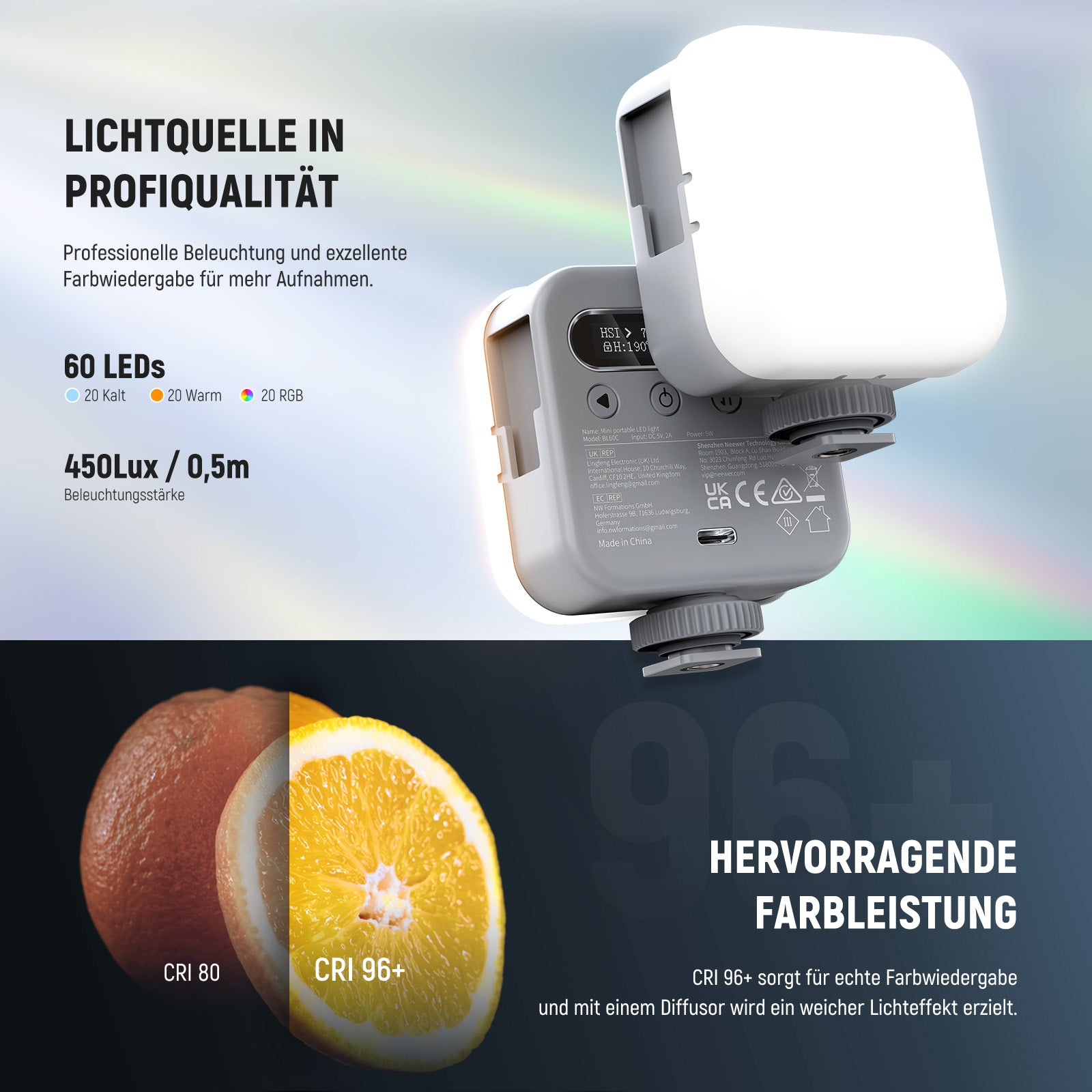Mini luce LED con 60 LED (20 freddi, 20 caldi, 20 RGB), 450 Lux, CRI 96+. Arance confrontate.