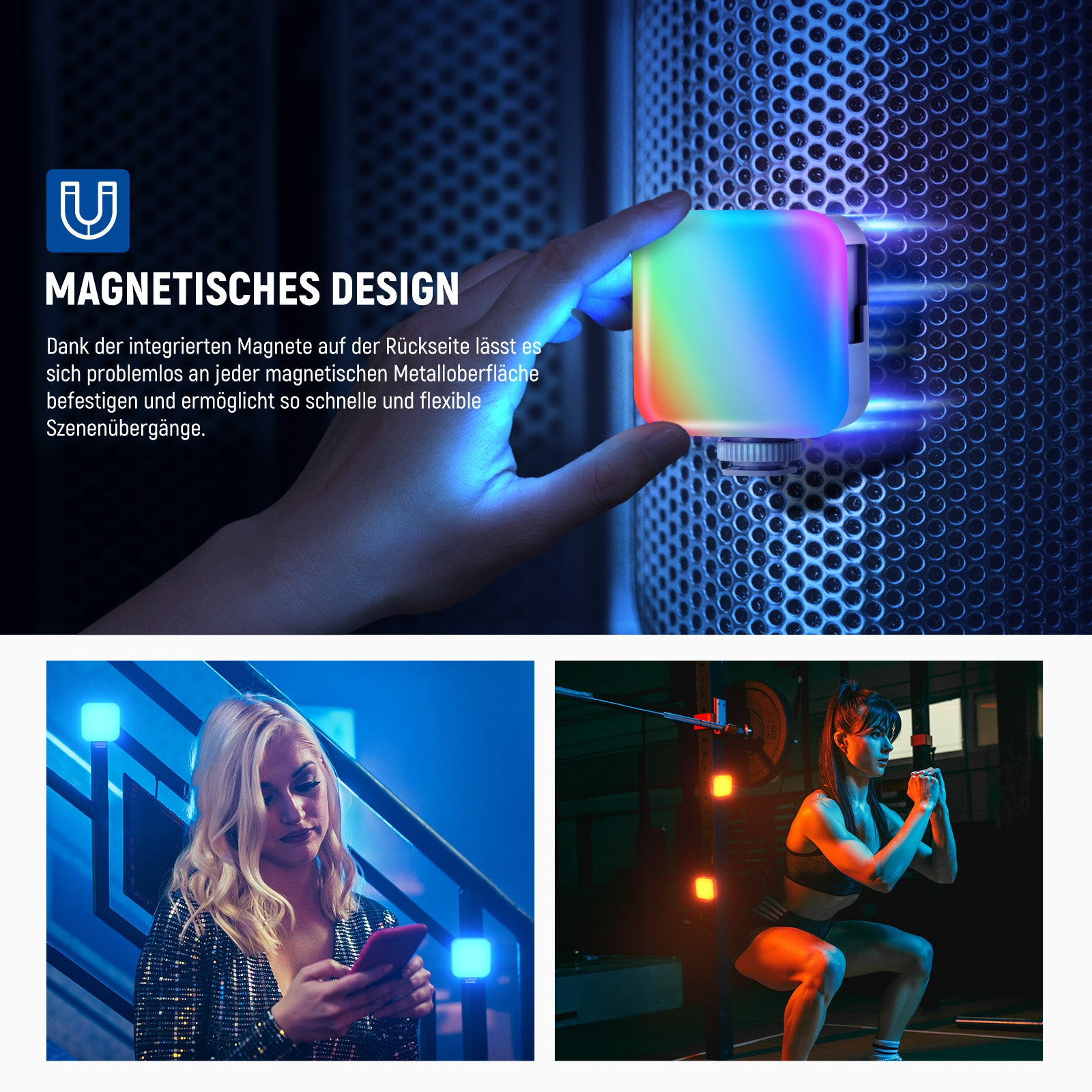 Una luce RGB magnetica è fissata a una griglia, accanto a una donna con un telefono e una donna che fa squat.